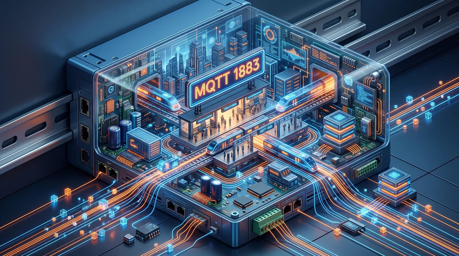 Vue éclatée d'un automate sur rail DIN : à l'intérieur, une gare « MQTT 1883 » où se croisent des trains de données