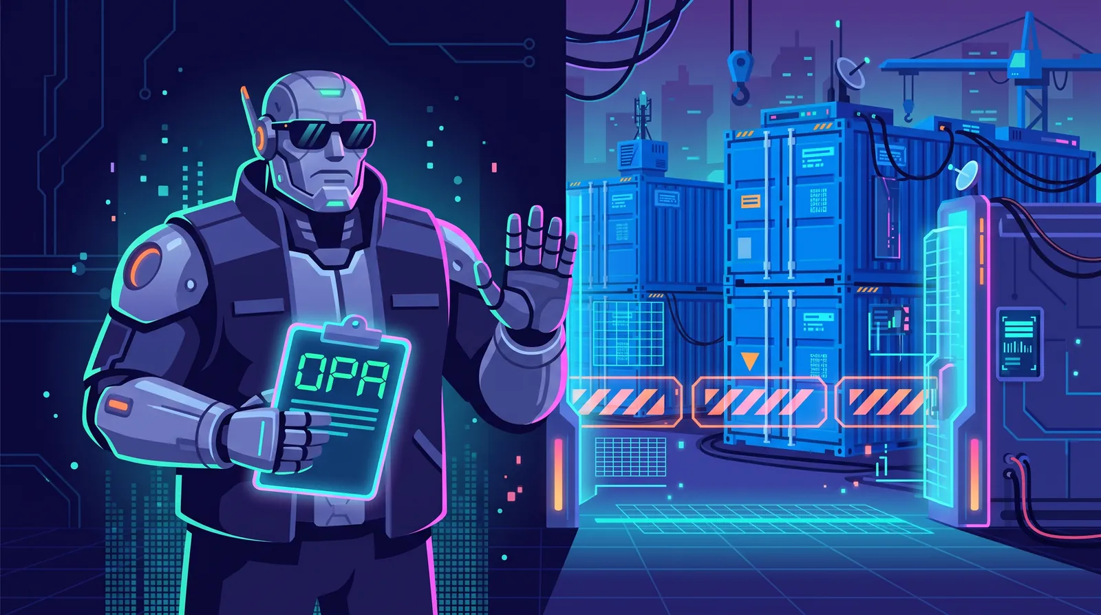 Un robot videur en lunettes noires, une liste « OPA » à la main, lève la main pour refuser l'entrée d'une zone de conteneurs