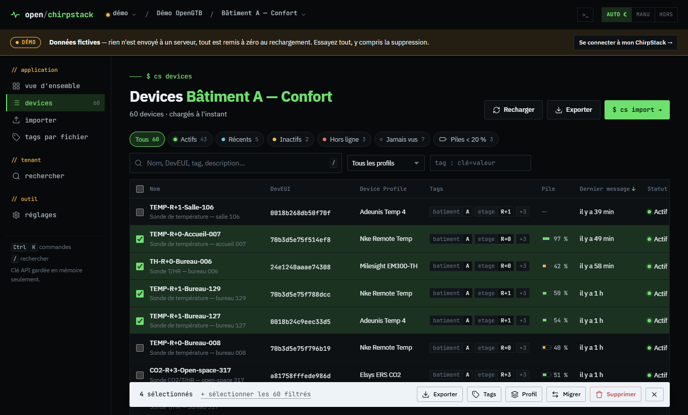 Open ChirpStack : liste des devices, filtres et actions groupées