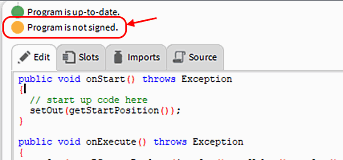 Le message « Program is not signed » au-dessus de l'éditeur de code d'un objet Program dans le Workbench Niagara