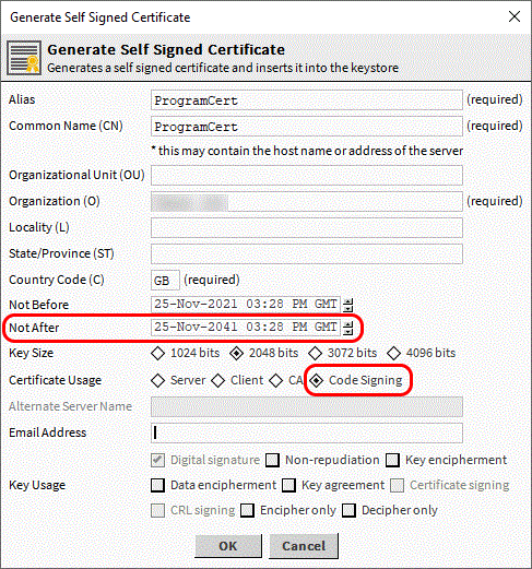 Fenêtre Generate Self Signed Certificate avec la date Not After et le Certificate Usage réglé sur Code Signing mis en évidence