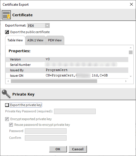 Boîte de dialogue d'export du certificat, option sans clé privée